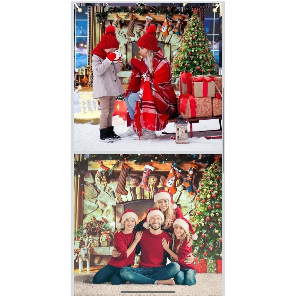 6x3.5 ft Christmas Fireplace Backdrop Fabric Interior Vintage Xmas Tree Stocking